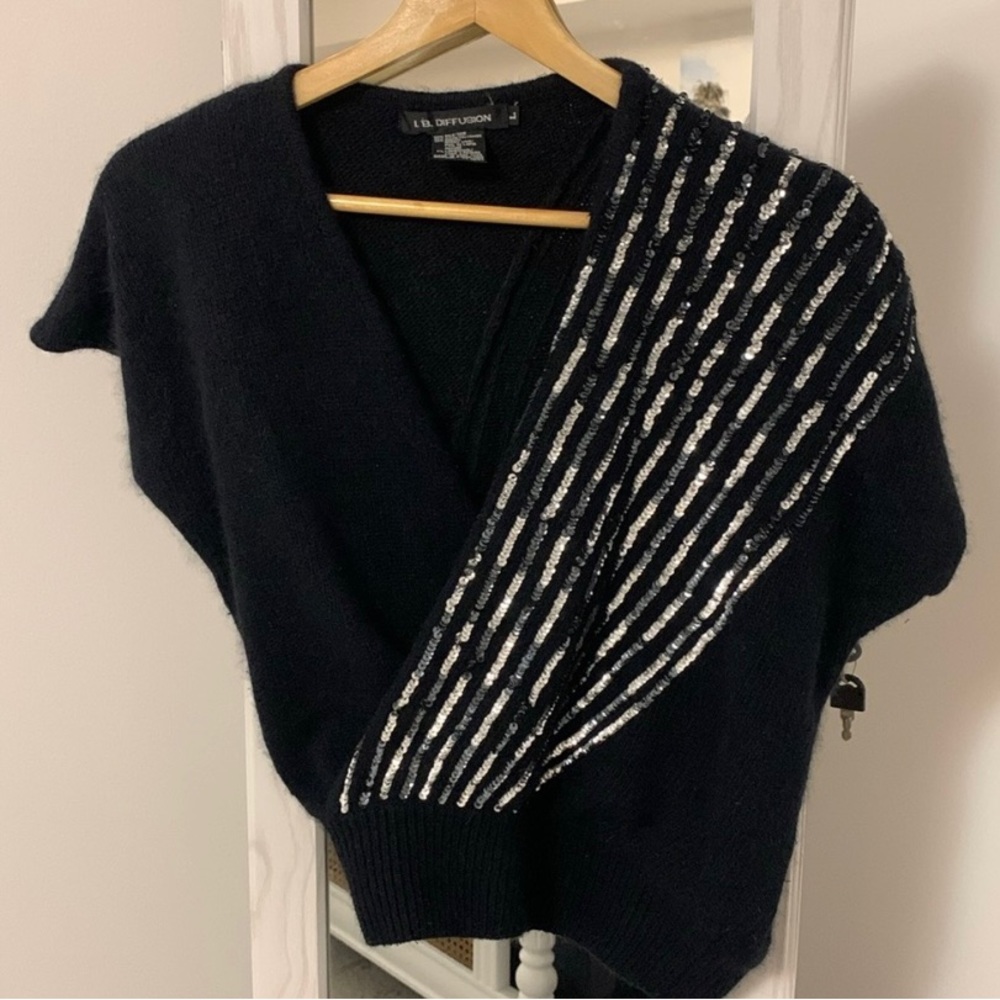VINTAGE I.B. DIFFUSION angora silk wool short sleeve sweater sequins black large
